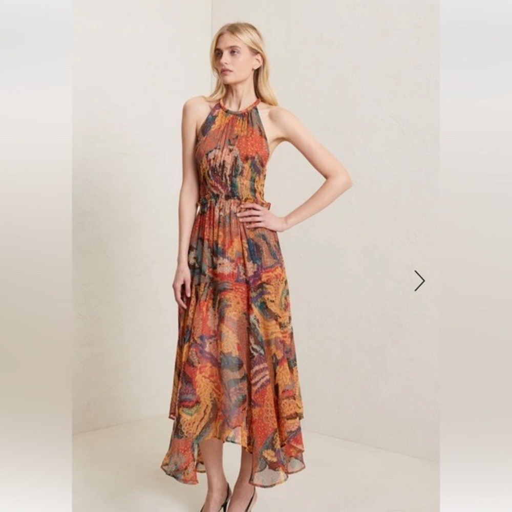 A.L.C. Ellie Multi-Color Silk Halter Neck‎ Tiered Midi Floral Abstract Size 4